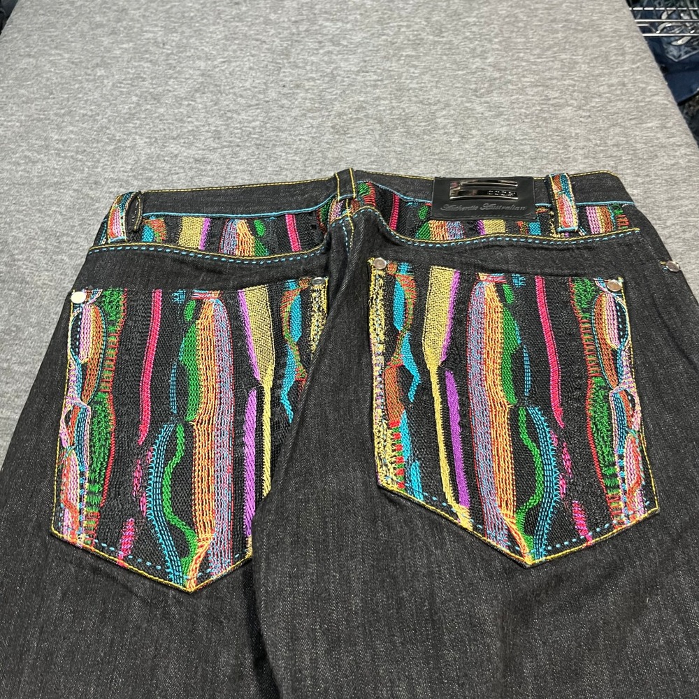 Coogi Mens 38x32 Graphic Sweater Embroidered Jeans Dark Wash Denim Multi Color - Picture 4 of 7